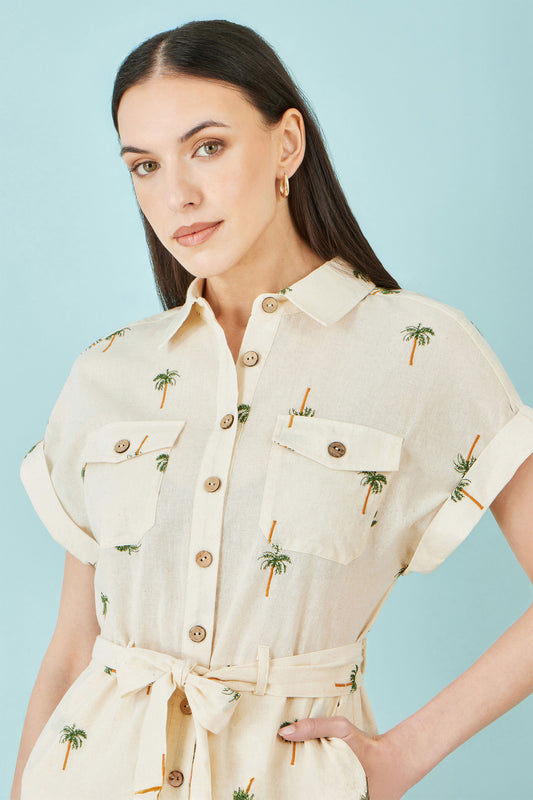 Yumi White Embroidered Palm Print Cotton Playsuit PLAYSUIT Yumi