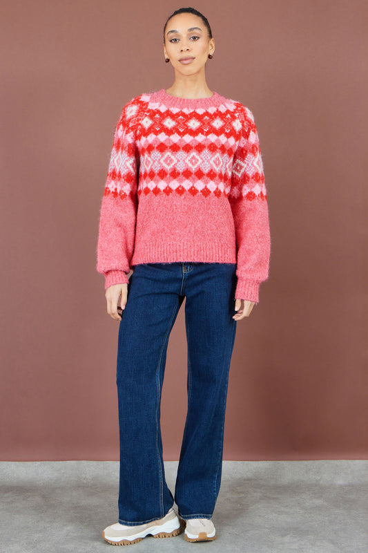 Yumi Red Fairisle Wool Blend Relaxed Jumper Knit Jumper Yumi