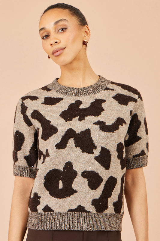 Yumi Brown Leopard Intarsia Short Sleeve Jumper Knit Jumper Yumi