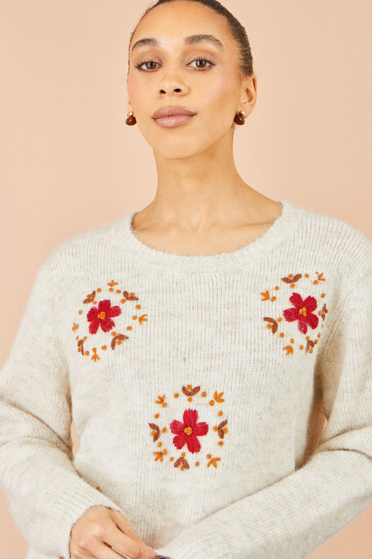 Yumi Ivory Patch Floral Embroidered Relaxed Jumper Knit Jumper Yumi