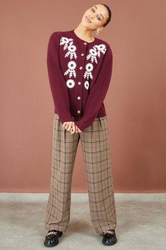 Yumi Burgundy Floral Embroidered Cardigan Knit Cardigan Yumi
