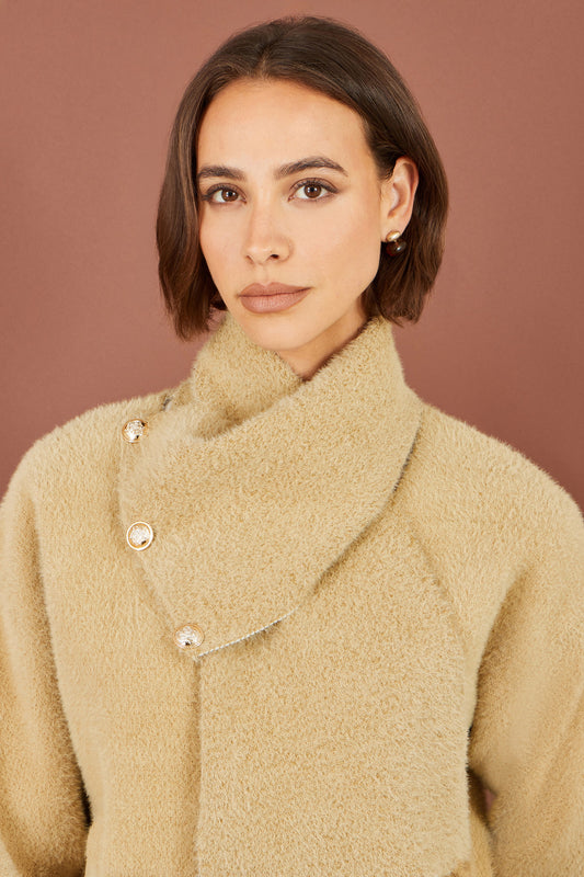 Yumi Camel Eyelash Knit Jacket With Scarf Knit Cardigan Yumi