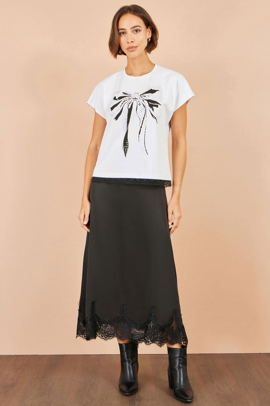 Yumi White Bow T-Shirt With Lace Tops Yumi