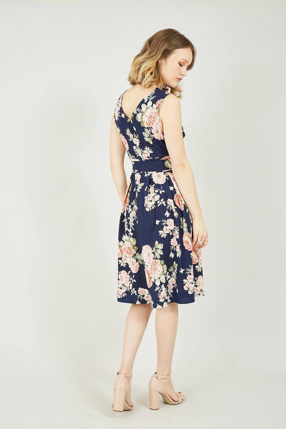 Mela Navy Rose Printed Wrap Over Sleeveless Skater Dress Mela