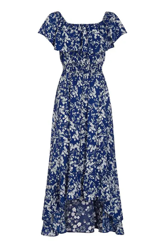 Mela Blue Ditsy Print Bardot Dipped Hem Dress Mela