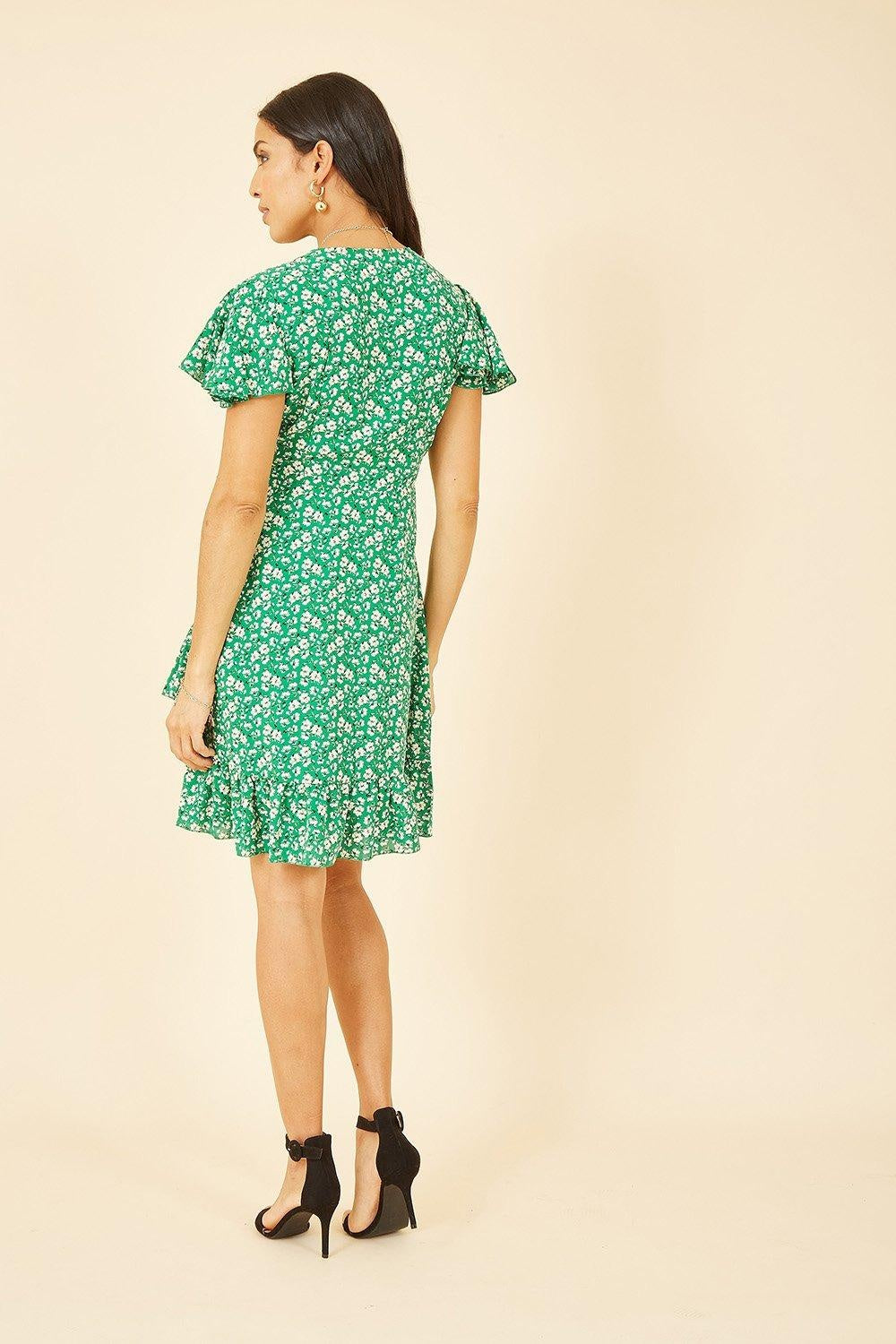 Mela Green Ditsy Floral Wrap Frill Dress Mela