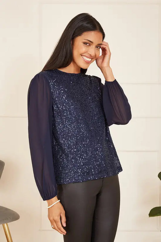 Yumi Navy Sequin Top With Sheer Sleeves Yumi