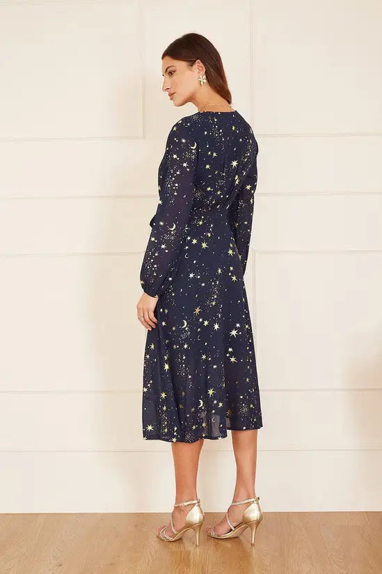 Mela Navy Foil Star Print Long Sleeve Midi Yumi