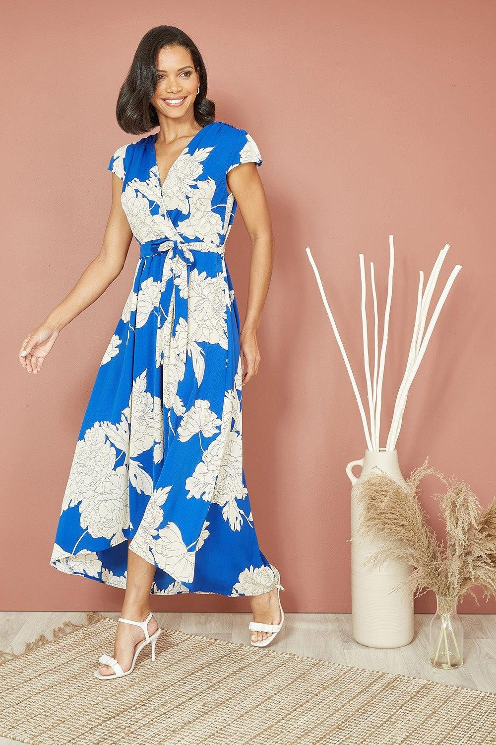 Mela Blue Blossom Print Wrap Midi With Dipped Hem Mela