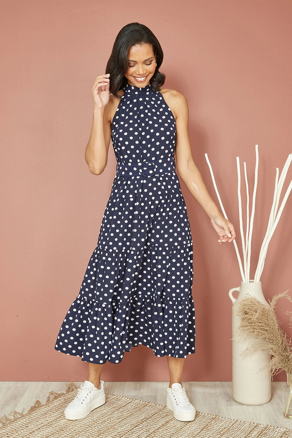Yumi Navy Spot Print Halter Midi Dress With Matching Belt | Yumi