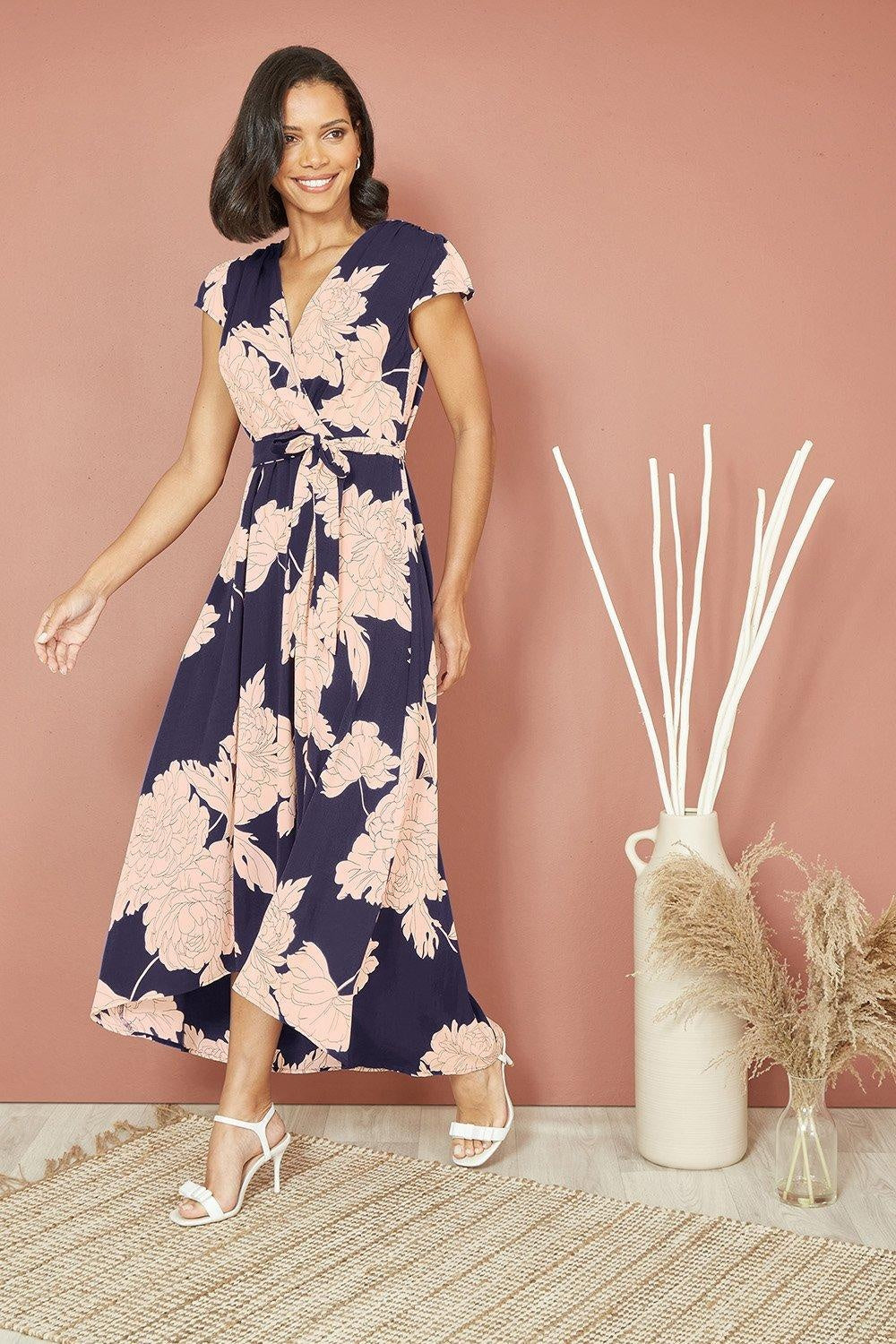 Mela Navy Blossom Print Wrap Midi With Dipped Hem Yumi