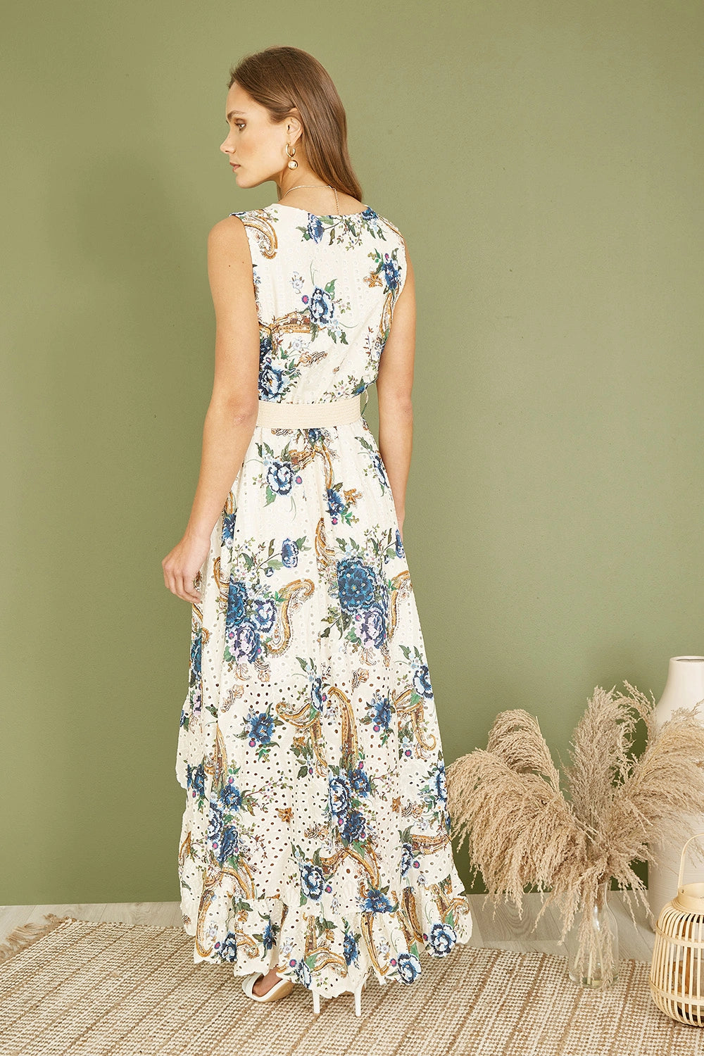 Yumi Premium Ivory Floral Print Broderie Anglaise Cotton Dip Hem Midaxi Dress Yumi