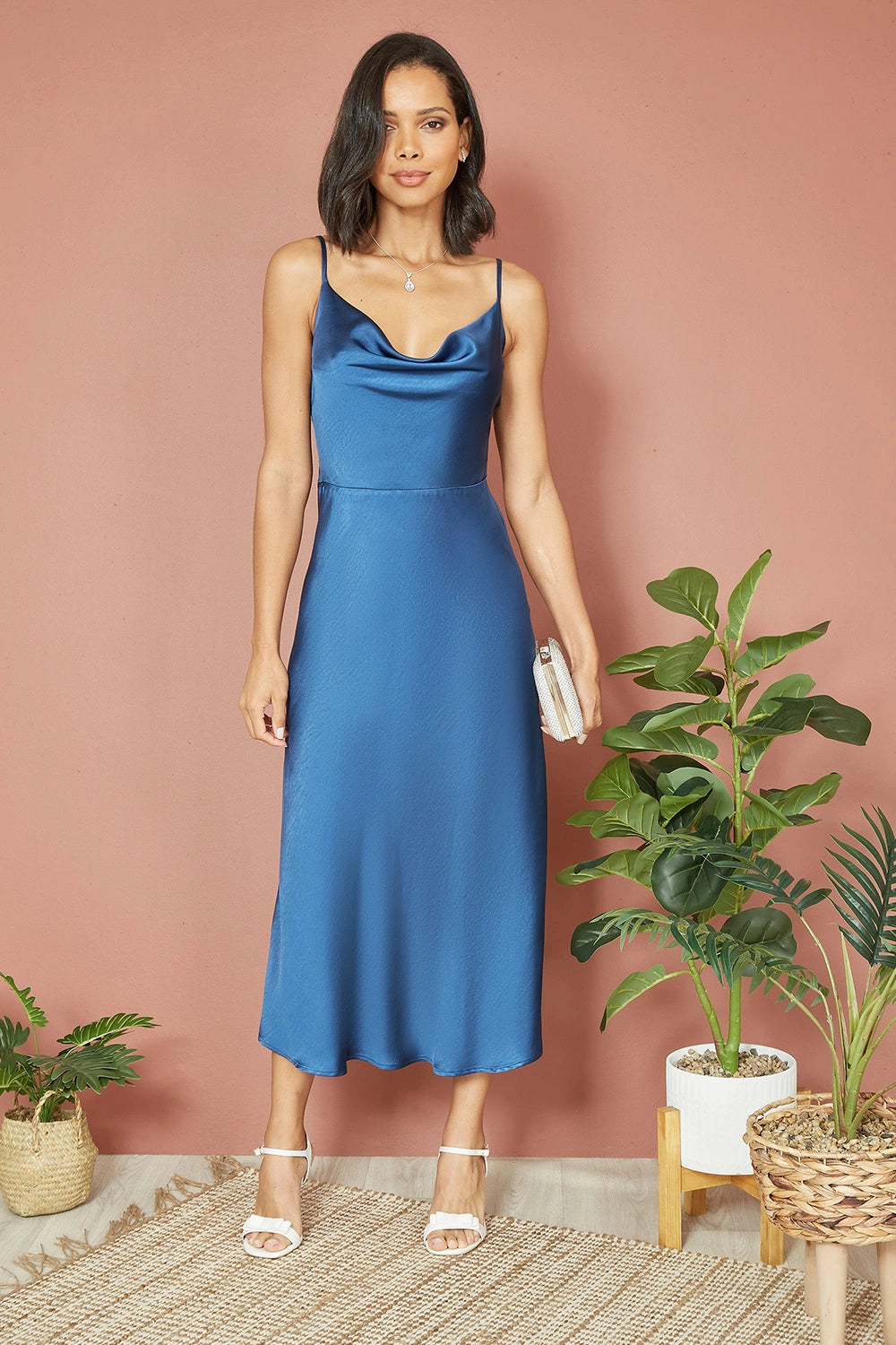 navy blue slip dress midi Yumi Navy Satin Cowl Neck Midi Slip Dress