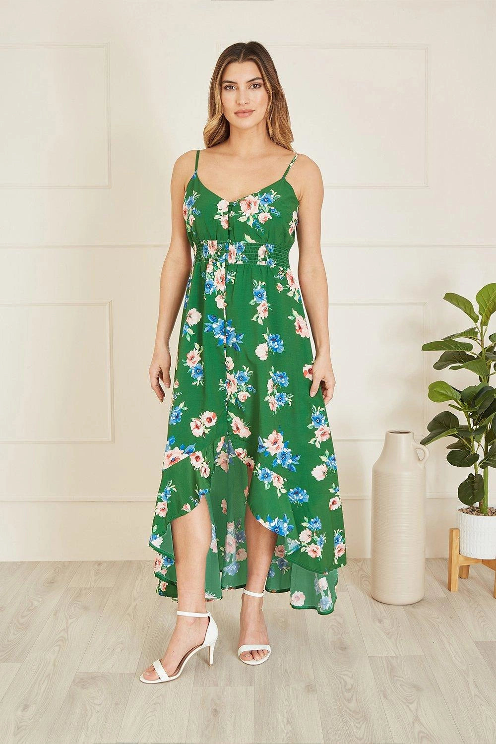 Mela Green Floral High Low Frill Midi Dress Mela