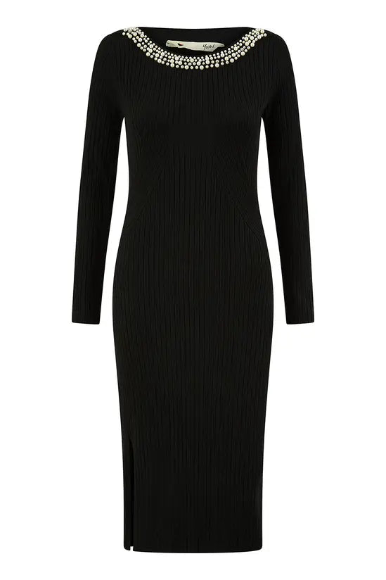 Yumi Black Pearl Neckline Fitted Midi Knitted Dress Yumi