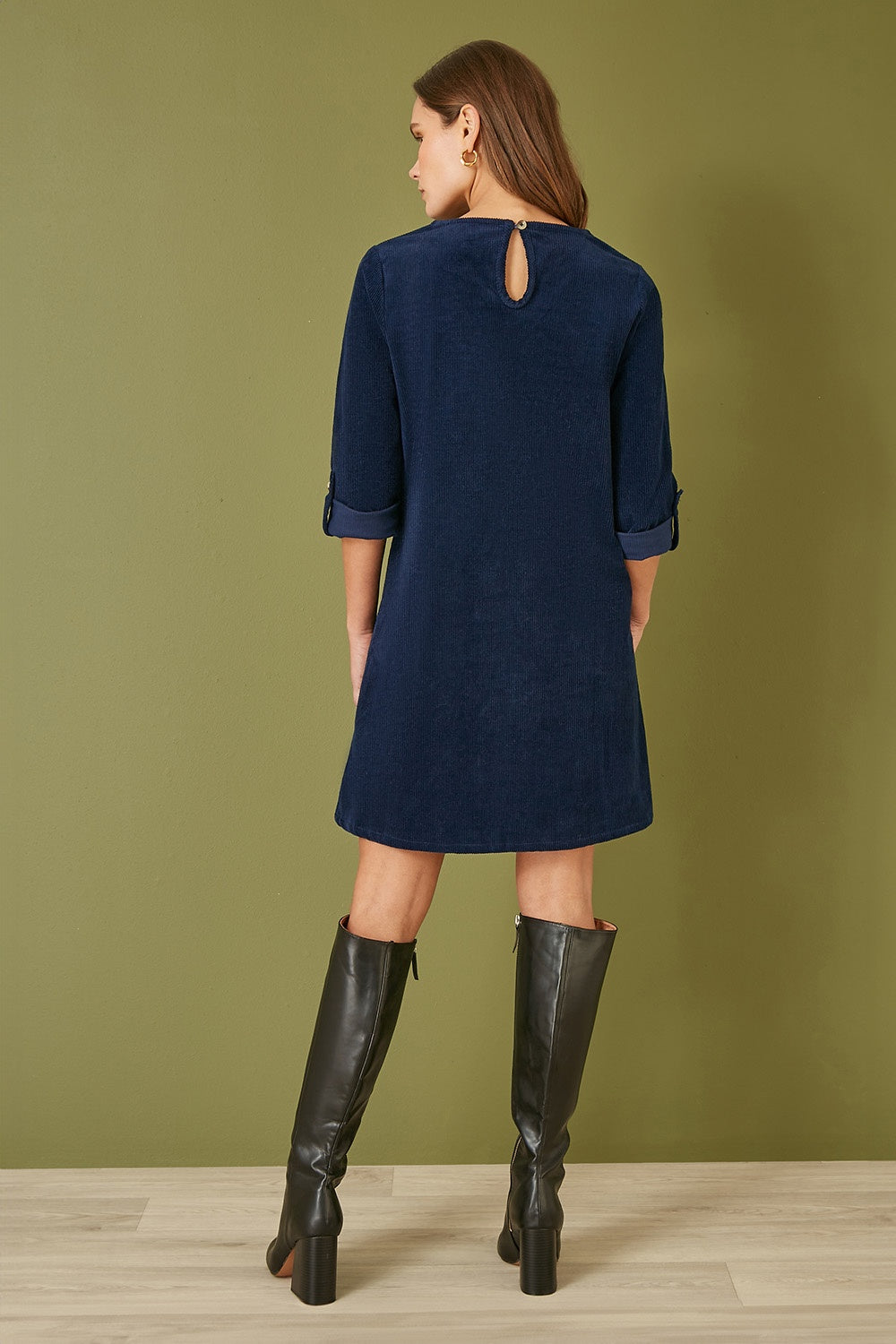 Yumi Navy Cord Tunic Dress With 3/4 Sleeves And Pockets Yumi