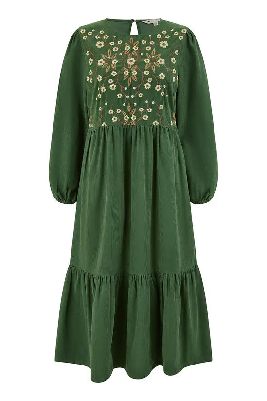 Yumi Green Long Sleeve Midi Dress With Floral Embroidery Bodice Yumi