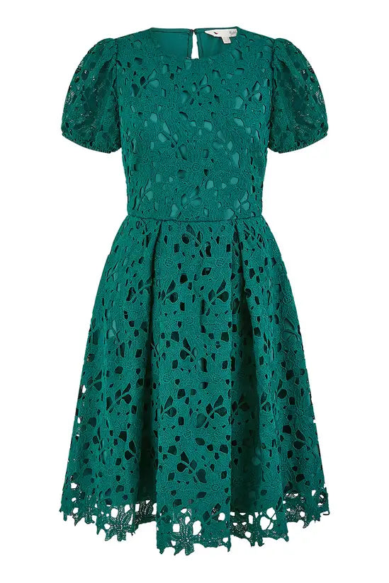 Yumi Green Lace Skater Dress With Puff Sleeves Yumi