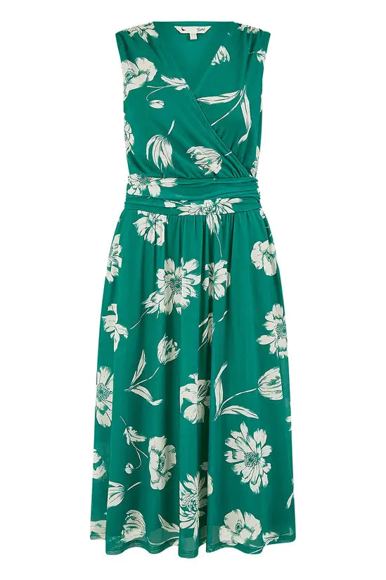 Yumi Green Floral Print Stretch Mesh Dress With Pockets Occasionwear Yumi