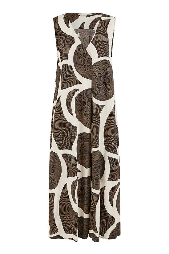 Yumi Brown Cotton Abstract Circle Trapeze Relaxed Midi Dress DRES Day Yumi