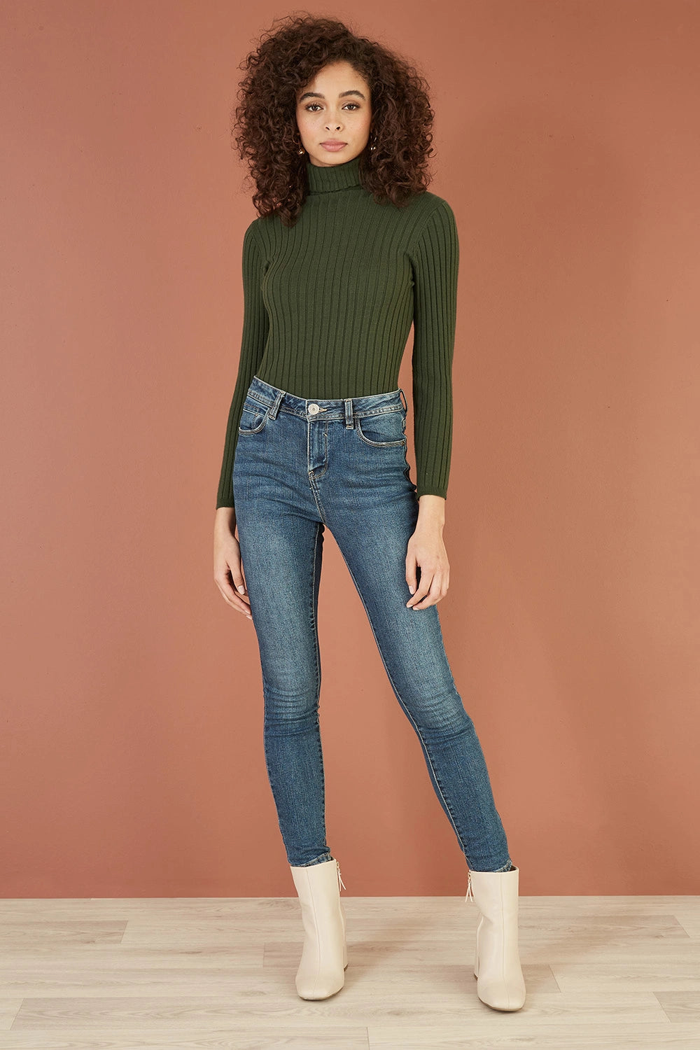 Yumi Green Ribbed Knit Roll Neck Jumper Knit Jumper Yumi