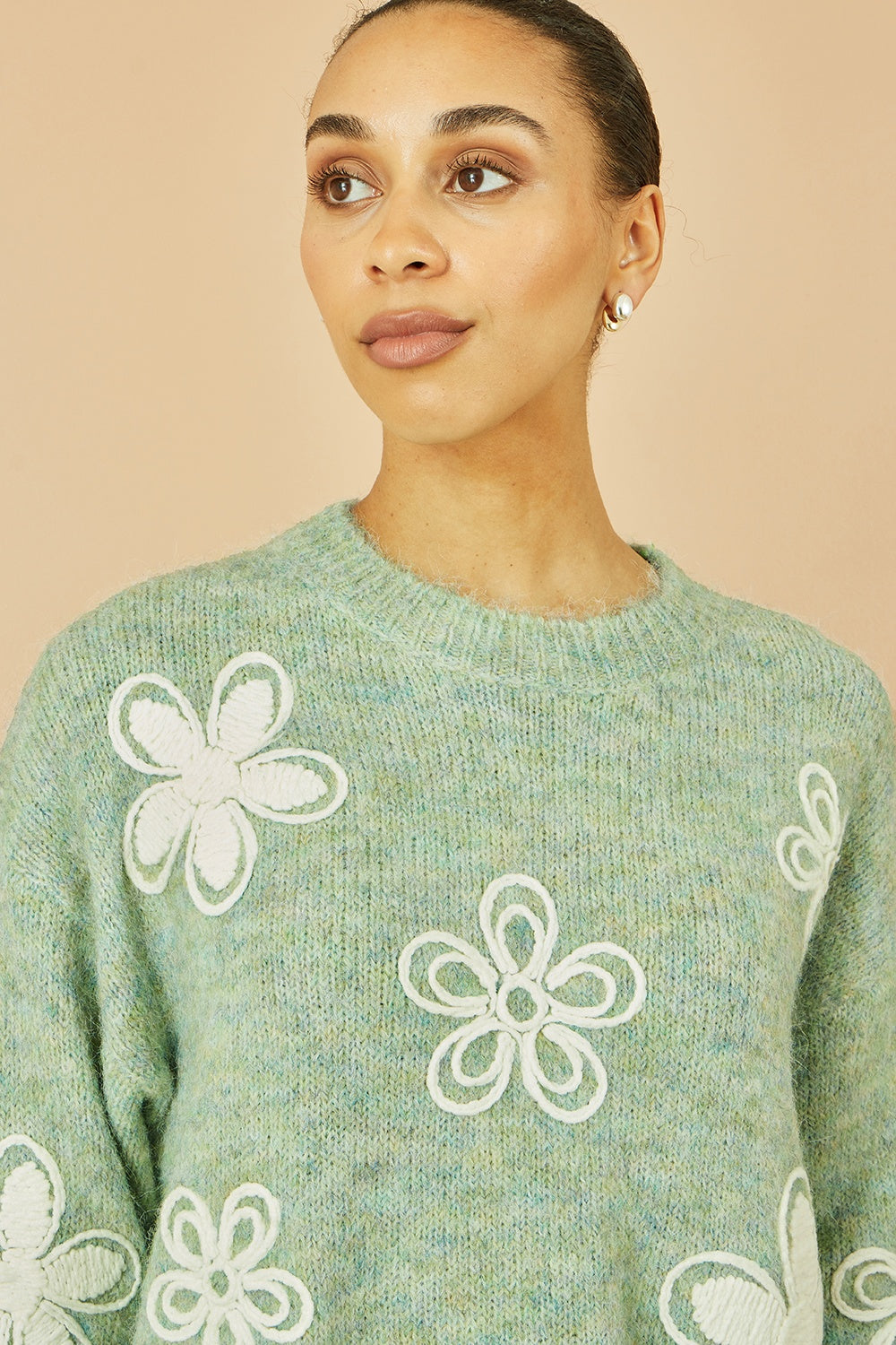 Yumi Green Relaxed Knitted Jumper With Crochet Flowers Knit Jumper Yumi