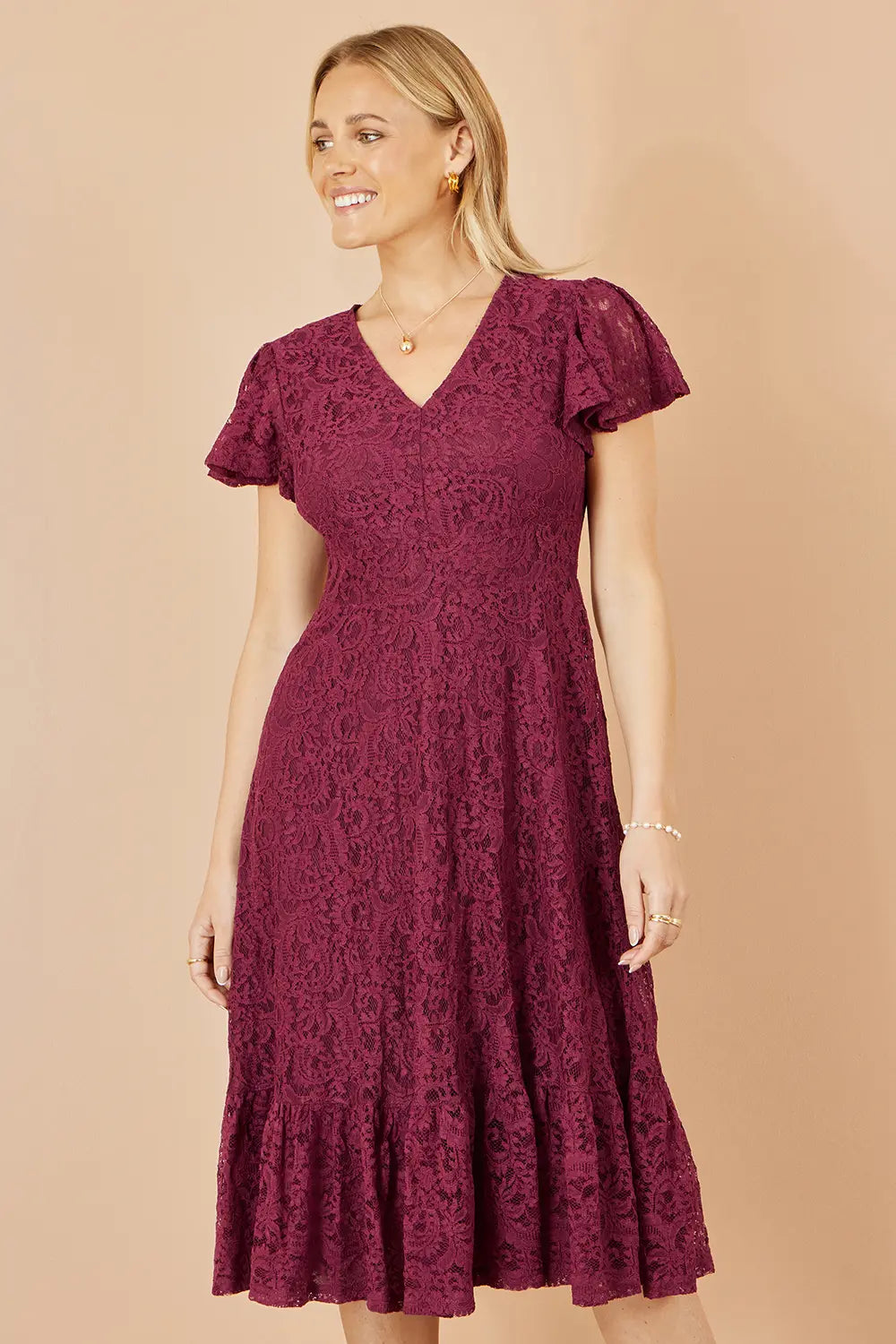 Yumi Burgundy Stretch Lace Puff Sleeve Midi Dress | Yumi