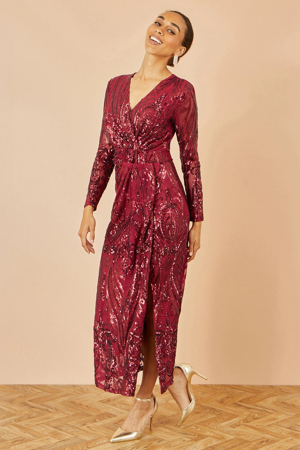 Yumi Red Sequin Midi Wrap Dress With Split Hemline And Long Sleeves Dress Party Yumi