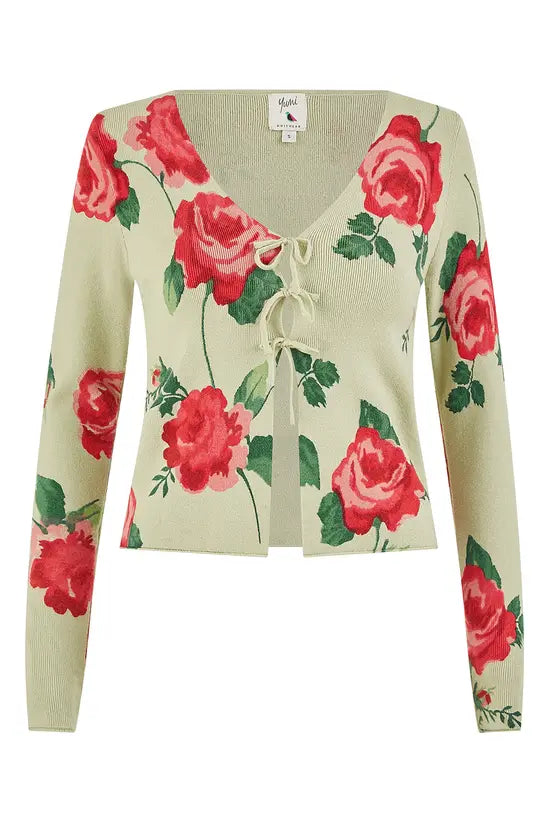 Yumi Green Rose Print Cardigan With Tie Front KNIT Cardi Yumi