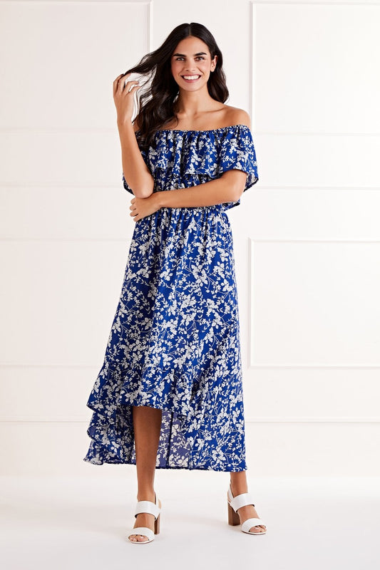 Mela Blue Ditsy Print Bardot Dipped Hem Dress Mela