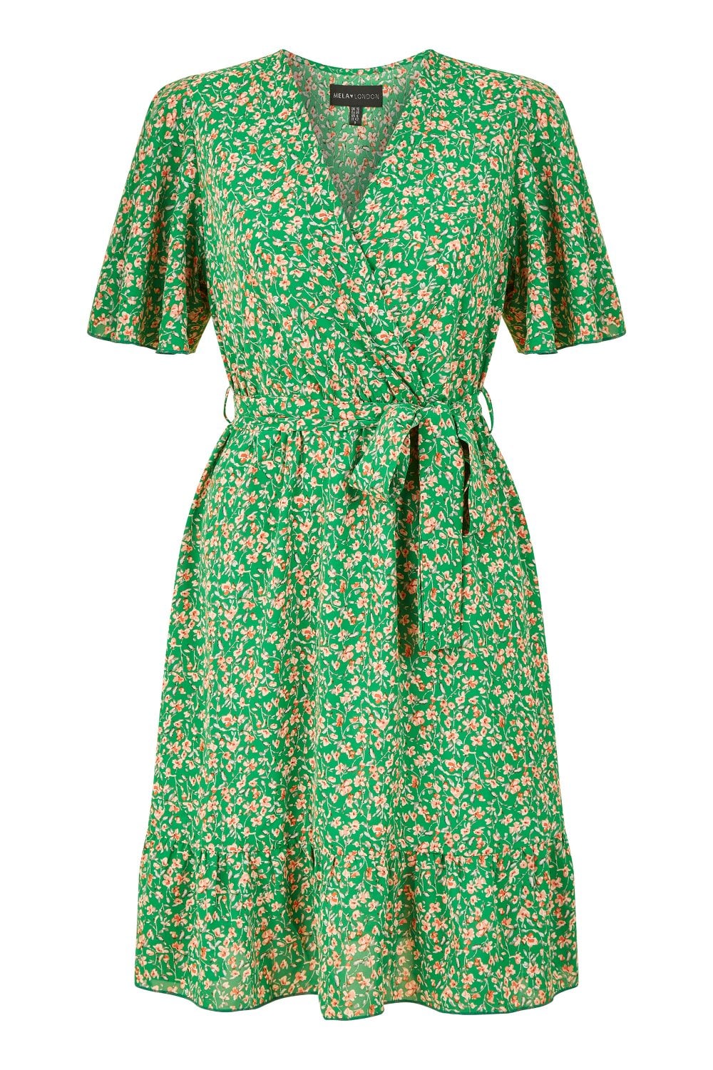 Mela Green Ditsy Print Wrap Front Skater Dress Mela
