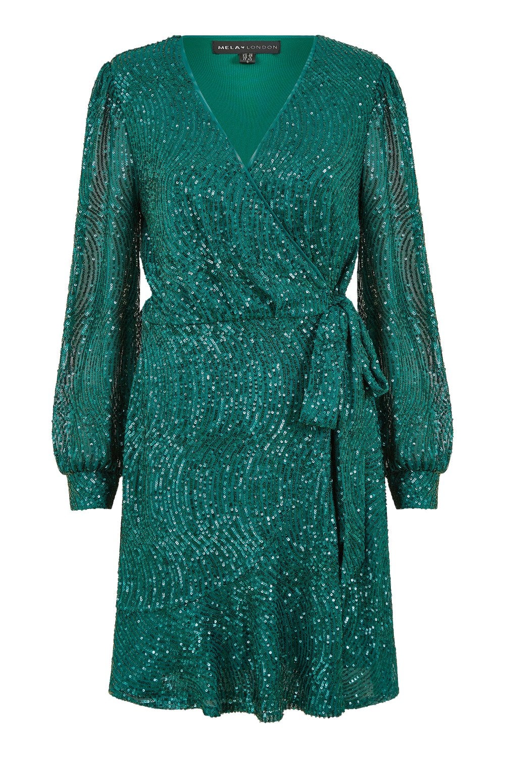 Mela Green Sequin Long Sleeve Frill Wrap Dress Mela
