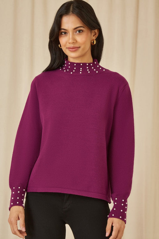 Mela Plum Pearl Detail High Neck Jumper Mela