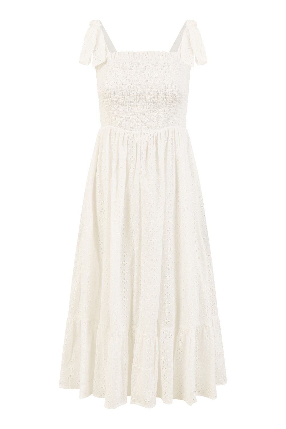 Mela White Broderie Anglaise Ruched Midi Sundress With Tie Sleeves Mela
