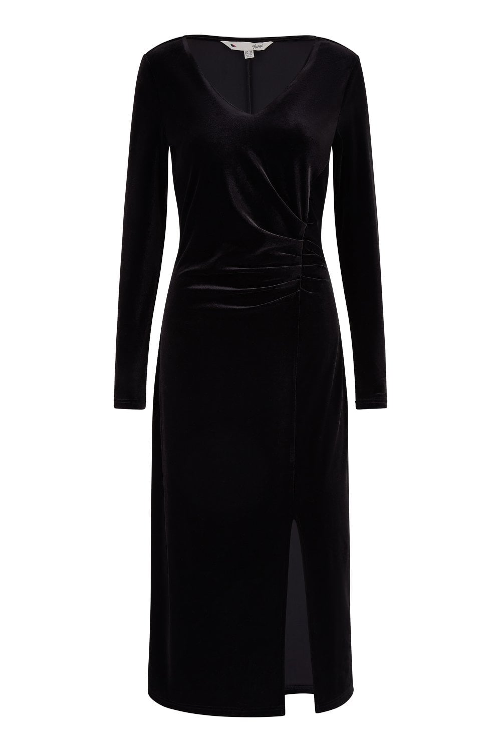 Yumi Black Velvet V Neck Fitted Ruched Midi Dress Yumi