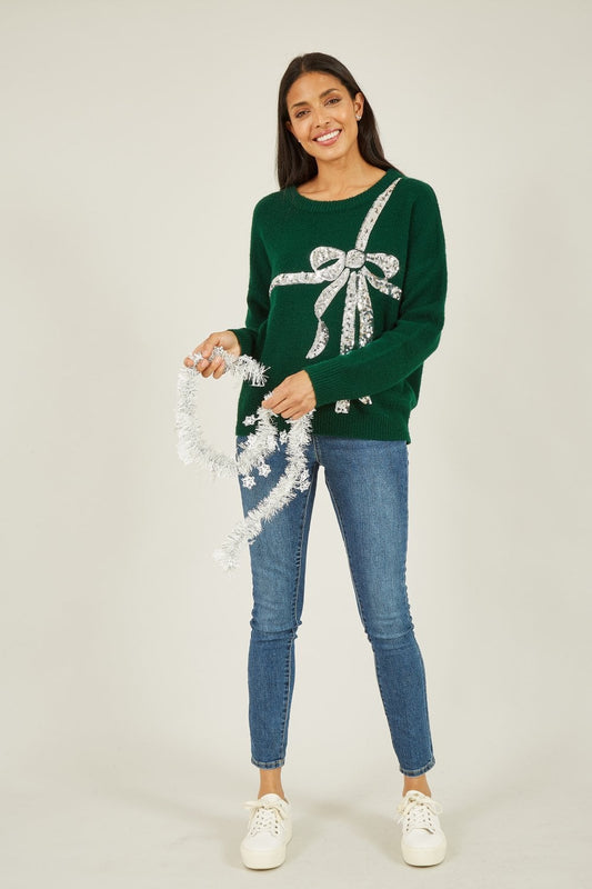 Yumi Green Sequin Bow Knitted Jumper Yumi