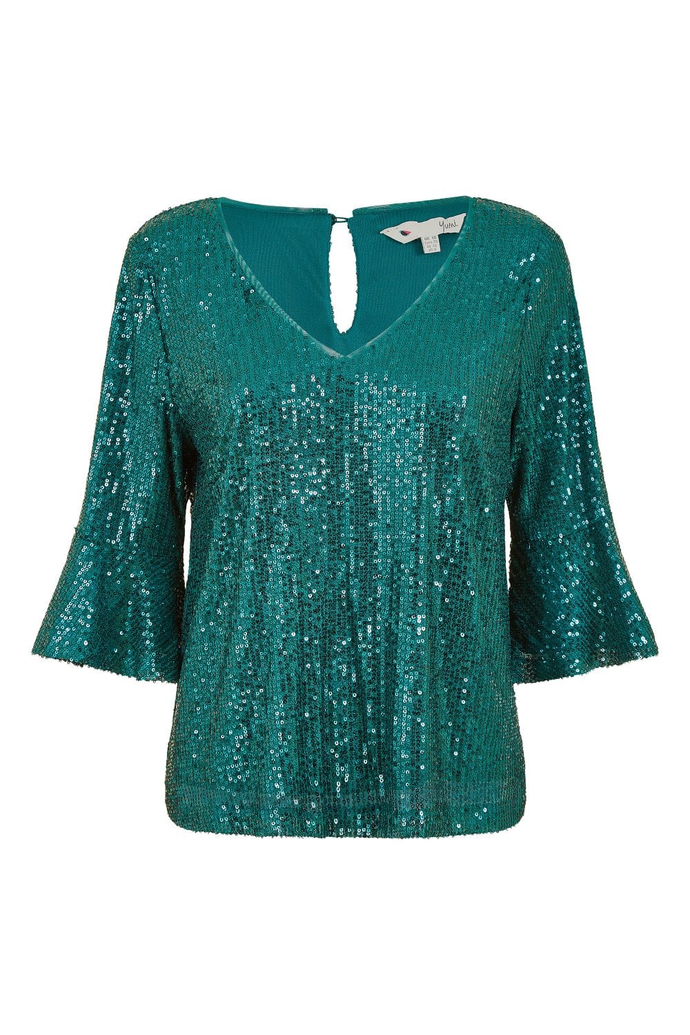 Yumi Green Sequin Top With Fluted Sleeve Yumi
