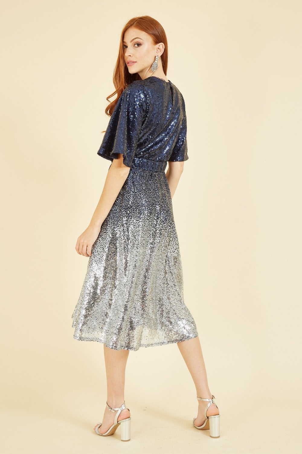 Yumi Navy and Silver Ombre Sequin Midi Wrap Dress Yumi