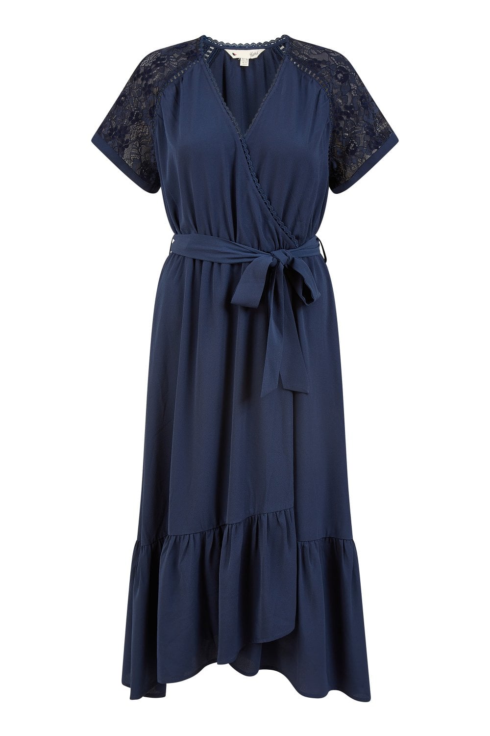 Yumi Navy Lace Sleeve Midi Wrap Over Dress Yumi