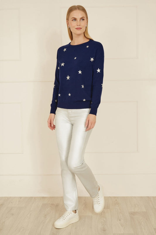 Yumi Navy Silver Foil Star Print Relaxed Fit Jumper Yumi