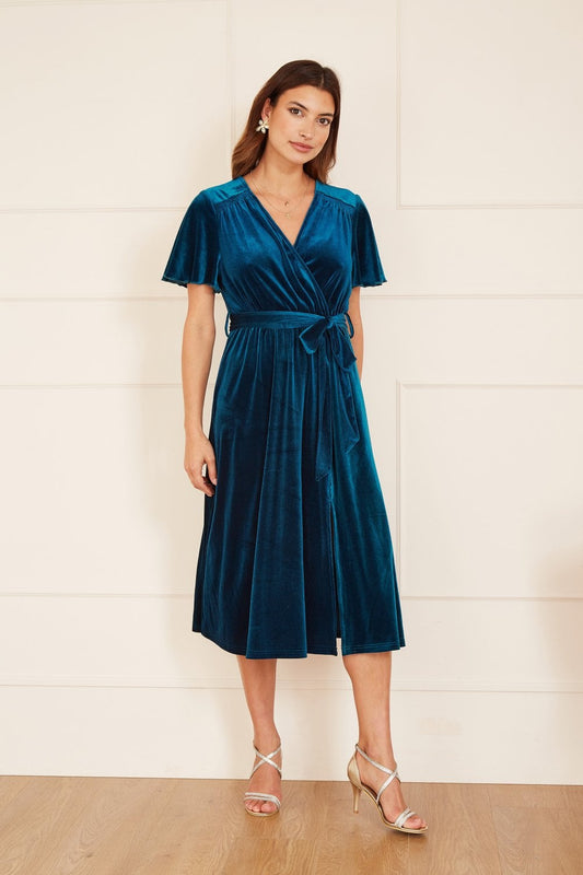 Yumi Teal Wrap Over Midi Dress With Angel Sleeves and Split Hem Yumi
