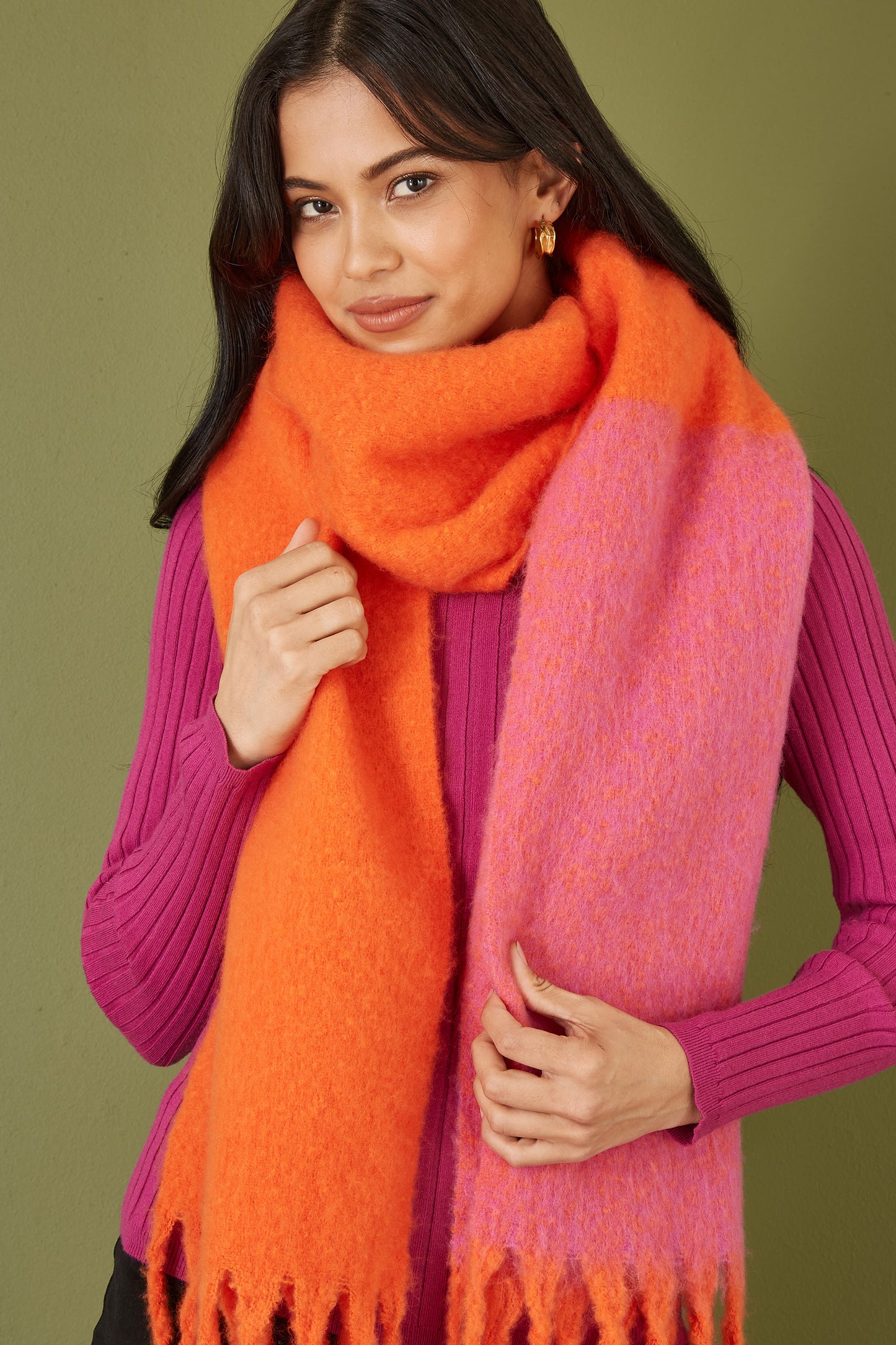 Yumi Pink And Orange Colour Block Scarf Yumi