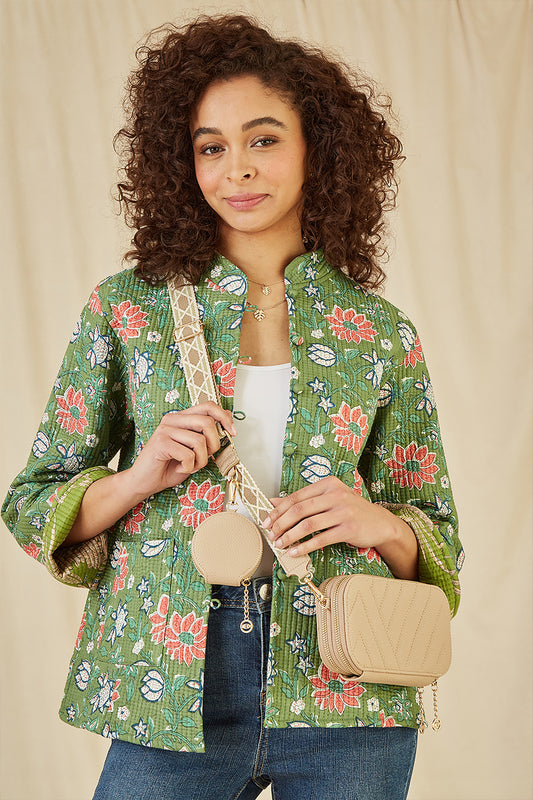 Yumi Beige Quilted Camera Bag With Cross Body Woven Strap Yumi