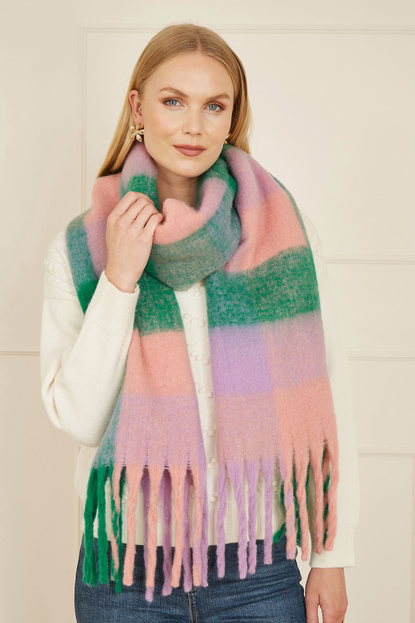 Yumi Purple And Green Check Fluffy Scarf Yumi