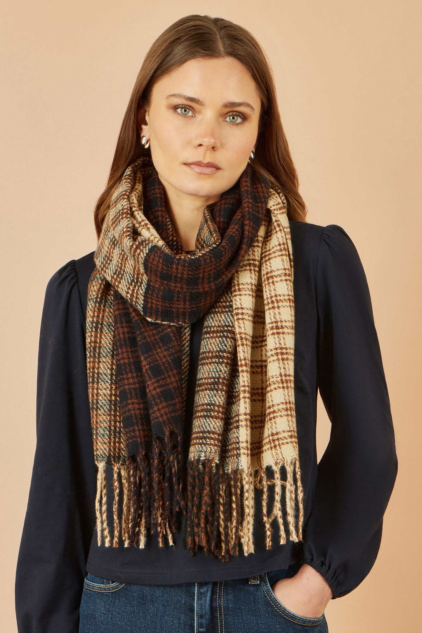 Yumi Brown Mixed Check Scarf ACC SCARF Yumi