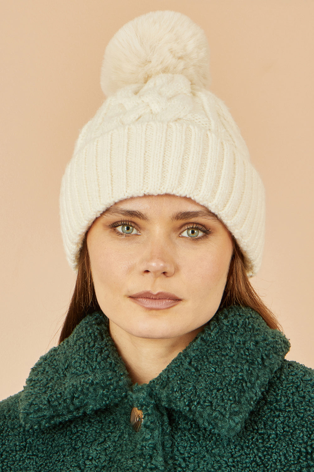 Yumi White Cable Knit Bobble Hat ACC HATS Yumi