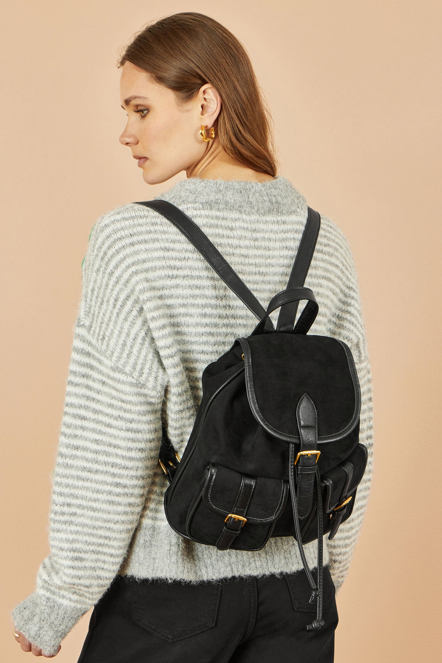 Yumi Black Faux Suede Pocket Rucksack ACC BAGS Yumi