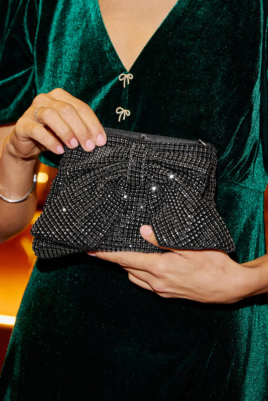 Yumi Black Rhinestone Bow Bag ACC BAGS Yumi