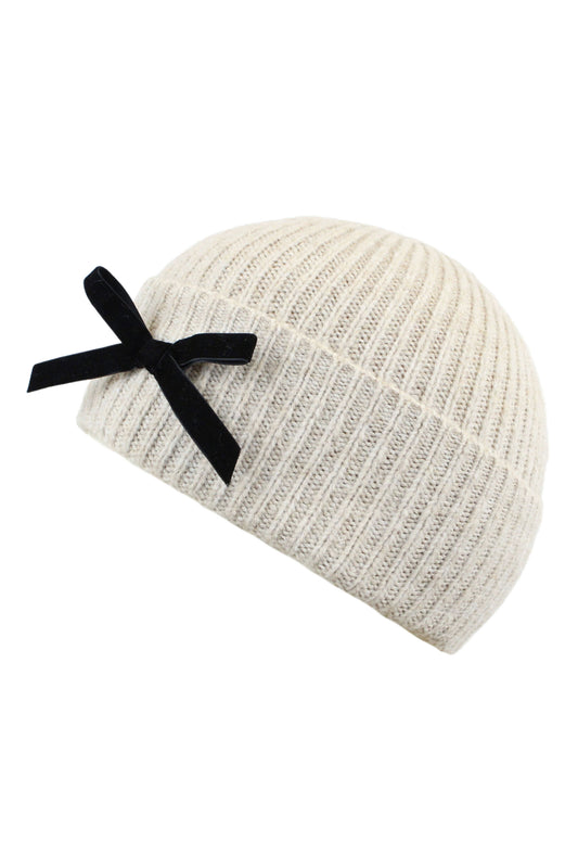 Yumi Oatmeal Bow Knitted Beanie Hat ACC HATS Yumi