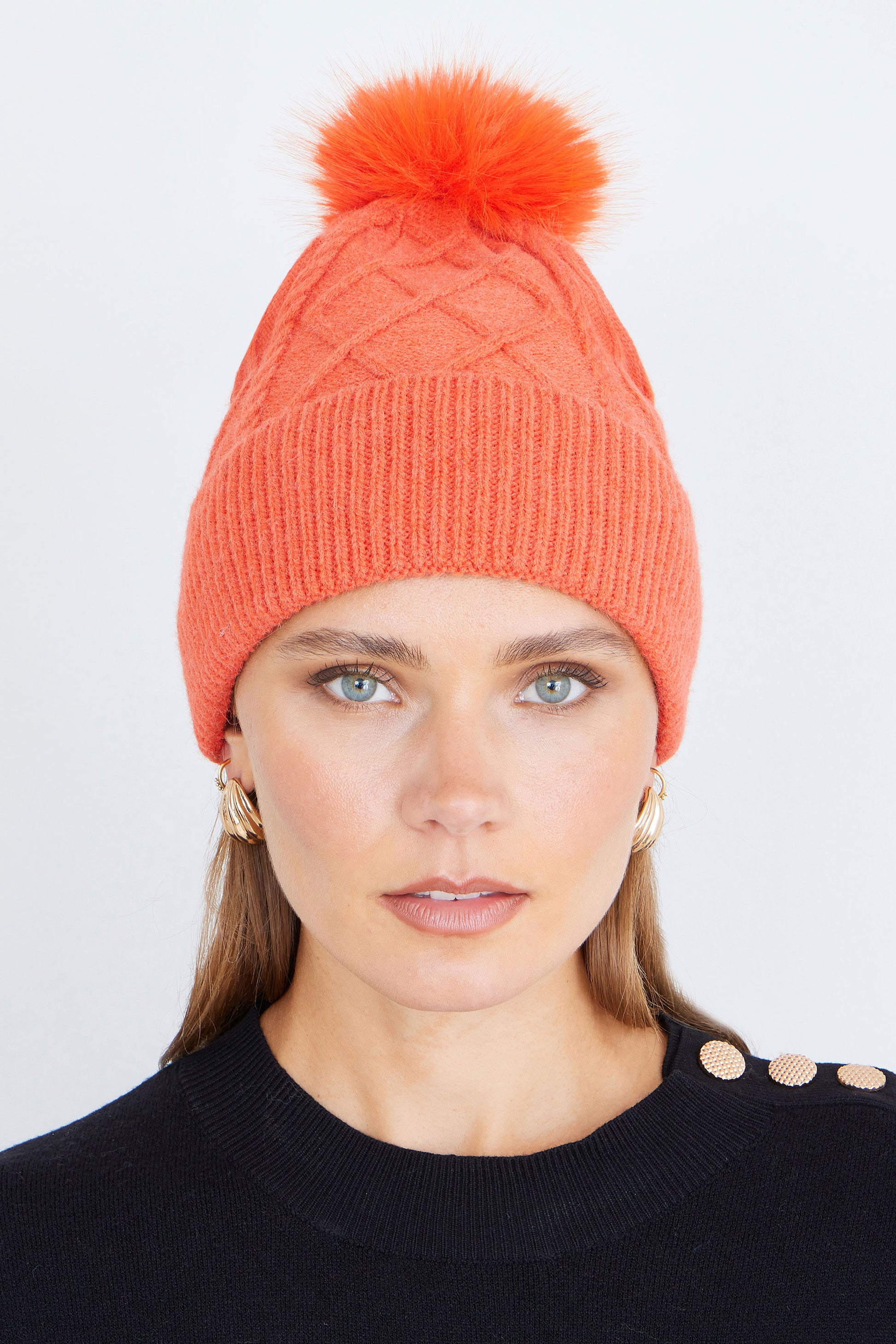 Yumi Orange Cable Knit Bobble Hat ACC HATS Yumi